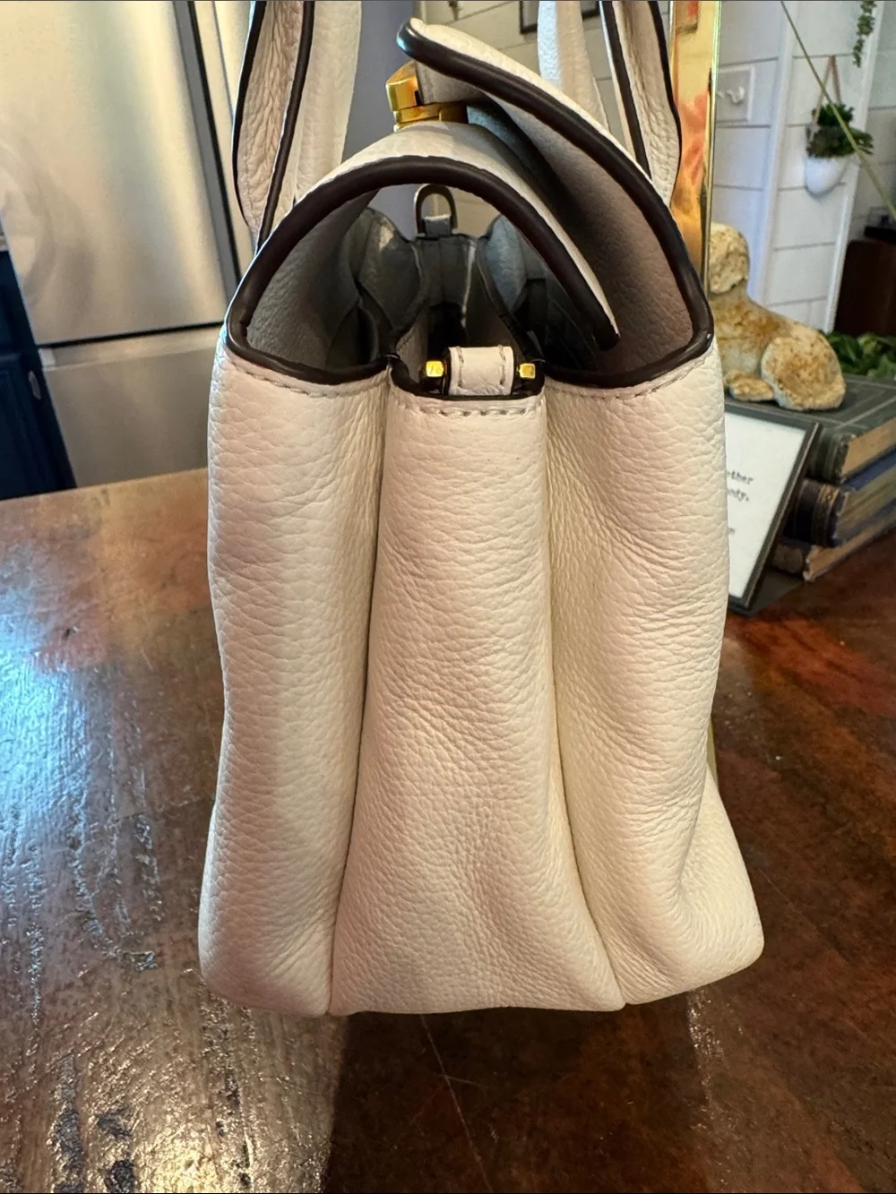 Donna Karan Amagansett White Pebbled Leather Satchel with Gold Hardware
